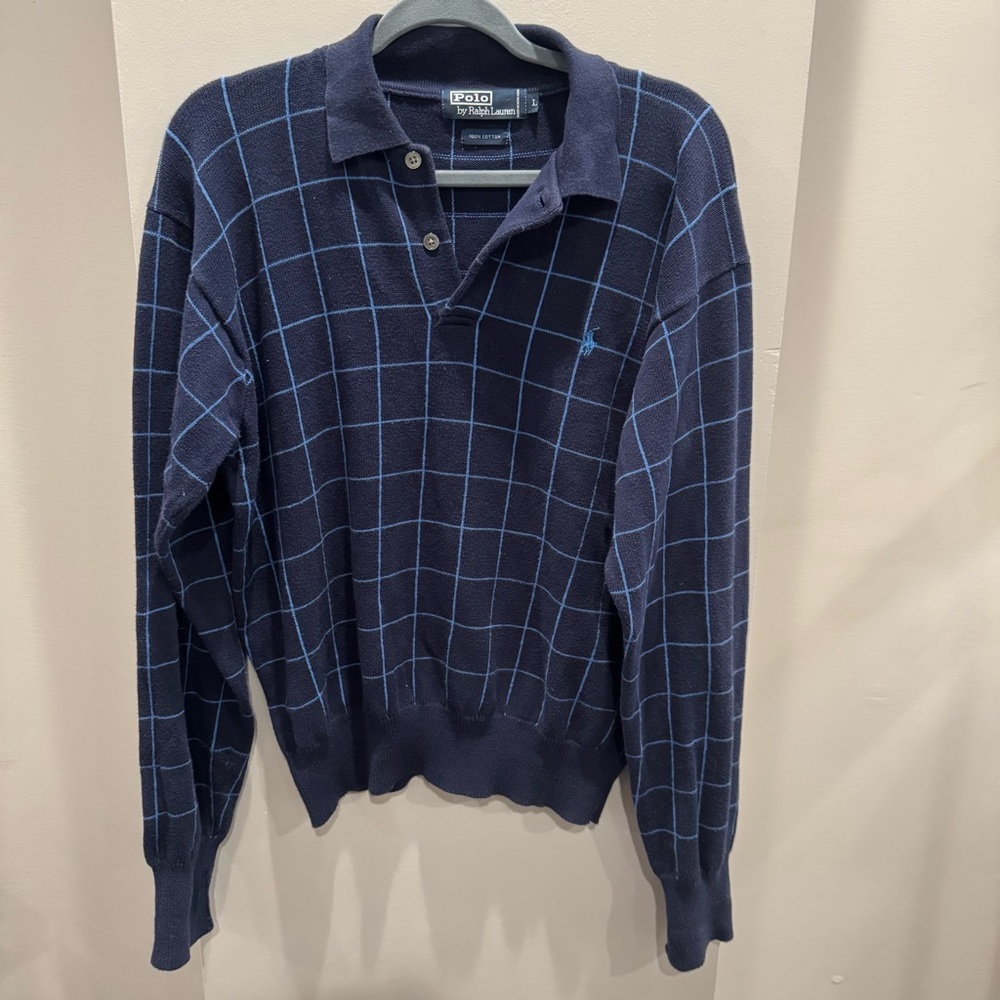 Polo Ralph Lauren Check Knit Cotton Collared Pullover Sweater Large